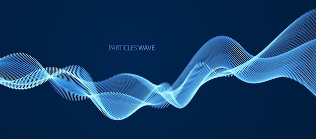 Dynamic particles sound wave flowing over dark. Dotted curves vector abstract background. Beautiful 3d wave shaped array of shining blended points.