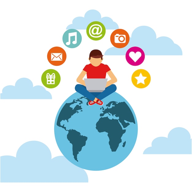 earth planet with man using a computer 