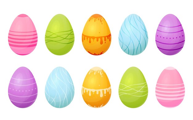 Easter egg hand painted colorful flat set Geometric line dot wavy tint paint smudge pink green yellow blue purple cartoon sticker decorating holiday atmosphere spring break food traditional isolated