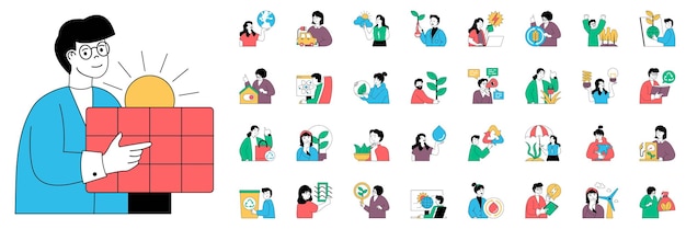 Ecology concept with character situations mega set Bundle of scenes people saving planet supporting plants nature and resource reuse and recycle and other Vector illustrations in flat web design