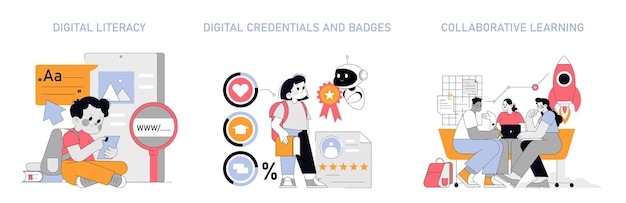 Education concept set digital literacy credential validation and group study online learning and
