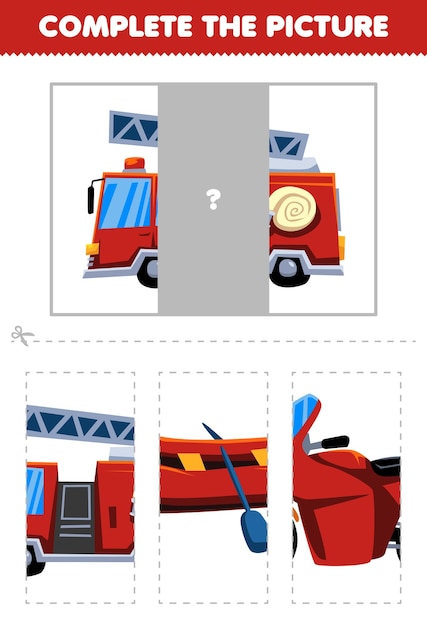 Education game for children cut and complete the correct picture of cute cartoon firetruck printable transportation worksheet