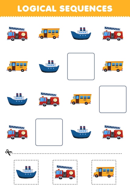 Education game for children logical sequences for kids with cute cartoon firetruck bus ferry ship printable transportation worksheet
