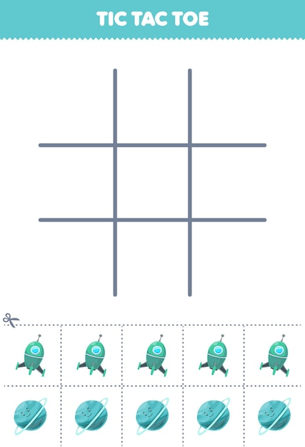 education game for children tic tac toe set with cute cartoon rocket and uranus planet picture printable solar system worksheet