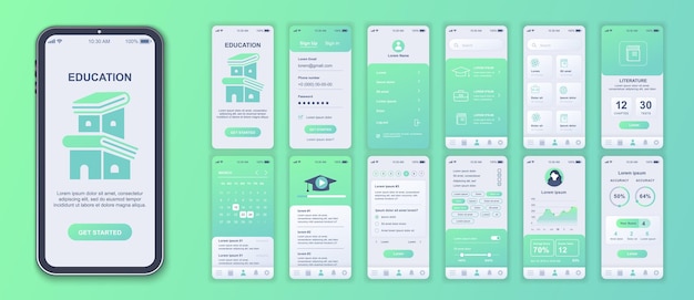Education mobile app interface screens template set Account login learning list at platform literature lesson progress data Pack of UI UX GUI kit for application web layout Vector design