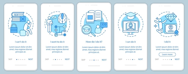 Education motivation onboarding mobile app page screen with linear concepts. Way to success. Careerist, yuppie, workaholic. Steps graphic instructions. UX, UI, GUI vector template with illustrations