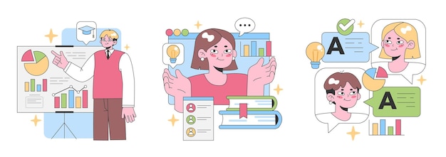 Educational insights set professionals exploring data trends students grasping concepts and
