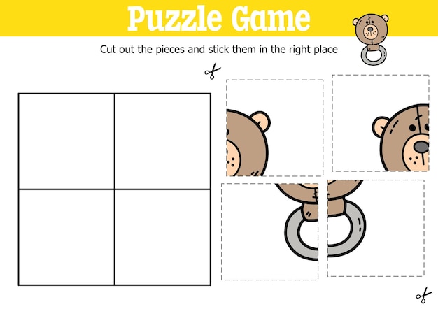 educational kids puzzle game to cut and stick pieces with doodle bear rattle