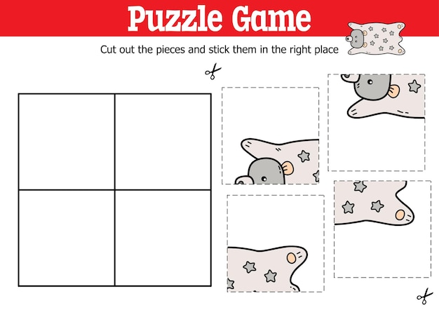 educational kids puzzle game to cut and stick pieces with doodle bear rug