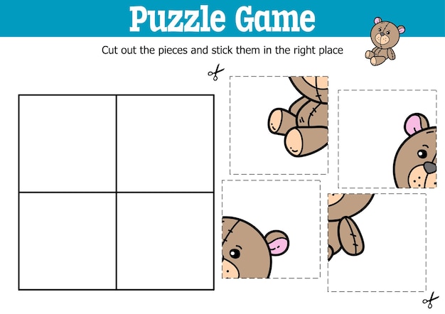 educational kids puzzle game to cut and stick pieces with doodle bear