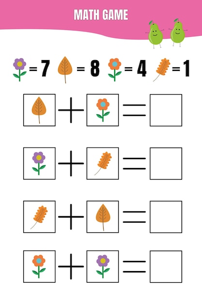 Educational math game for children Printable worksheet for kids Addition page for preschool