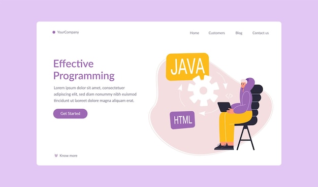 Effective programming landing page Cartoon flat man developer working on laptop Software programmer designing website