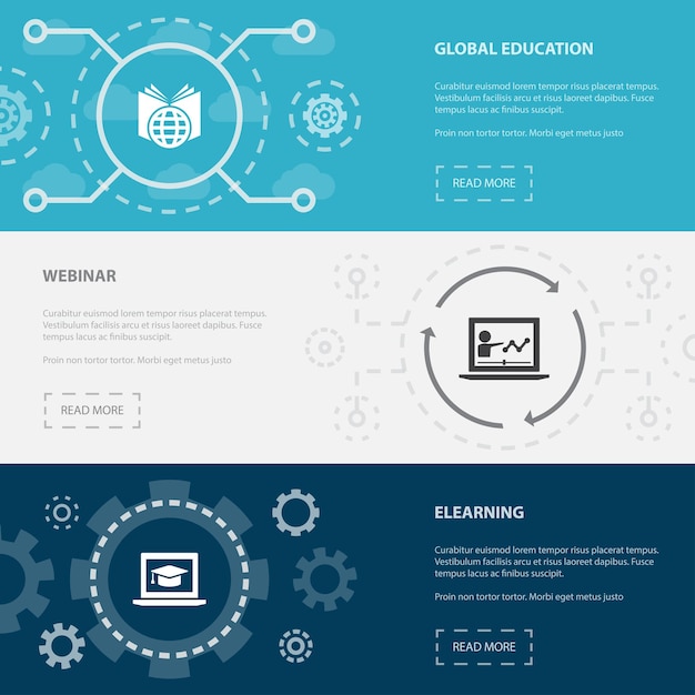 ELearning 3 horizontal webpage banners template with Global education Webinar eLearning concept Flat modern isolated icons illustration
