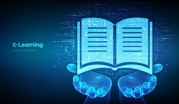 elearning icon made with binary code in wireframe hands online education online training courses