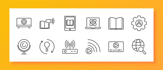 Elearning set icon Computer audio book tablet laptop book settings globe play button internet online course webcam Tools and symbols for online education courses and digital learning
