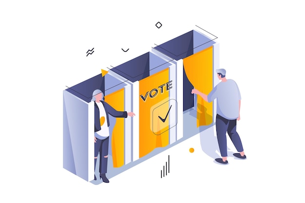 election and voting concept in 3d isometric design man and woman voters choosing their political candidates in public voting booths vector illustration with isometric people scene for web graphic