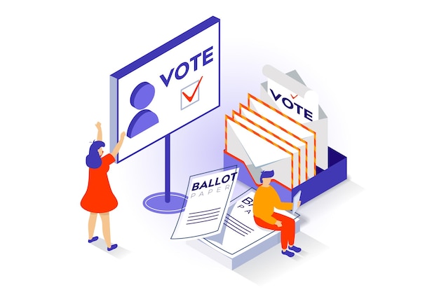 election and voting concept in 3d isometric design people hold democratic elections with campaigning voters and choosing political candidates vector illustration with isometry scene for web graphic