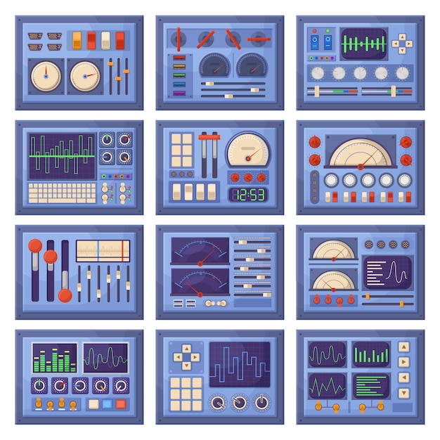 Electrical dashboard, control panels with charts, buttons and tuners. Retro dashboard control panels elements vector illustration set. Spacecraft interface panels. Control dashboard technology