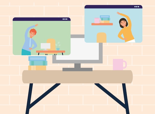 Elegant workers practicing active break online