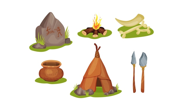elements of routine life of stone age people rock carvings bonfire mammoth bones and tusks after hunting an earthenware jug a hut of animal skins homemade weapons from wooden sticks and stones