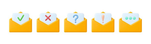 email 3d letters yellow envelopes icons office messages in letter plastiline envelope with paper sheet question and exclamation approved and reject vector signs