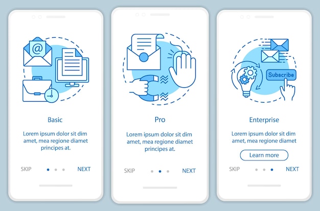 Email marketing subscription onboarding mobile app page screen with linear concepts. Three walkthrough steps graphic instructions. Basic or pro tariffs. UX, UI, GUI vector template with illustrations