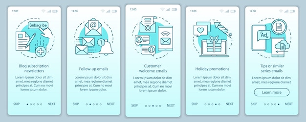 Email marketing turquoise onboarding mobile app page screen vector template. Business strategy walkthrough website steps with linear illustrations. UX, UI, GUI smartphone interface concept