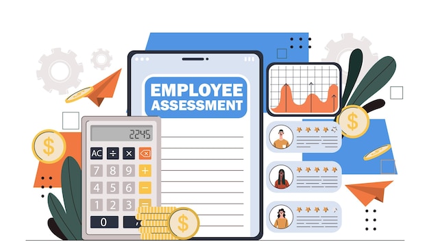 Employee assessment concept calculator near golden coins and notepad evaluation of work rate of