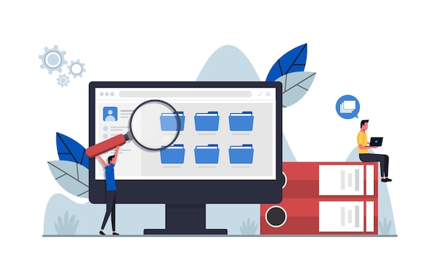 employees searching and indexing file documents file manager and data storage concept illustration