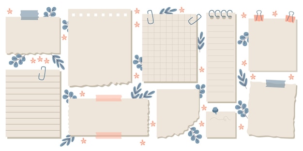 Empty blank notepad paper pages with flowers bloom and leaves decoration isolated collection
