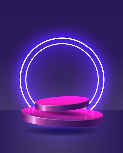 Empty pink podium floating in the air with neon rings on background