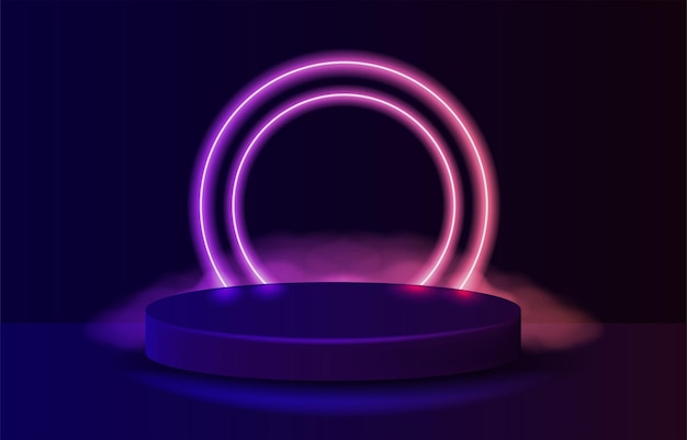 Empty Podium with Line Gradient Neon Ring on Background. Illustration with Abstract Scene with Pink