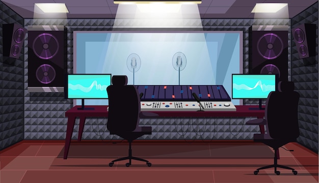 Empty sound recording studio with professional equipment Computer mixing console loudspeakers microphones under glass window armchairs