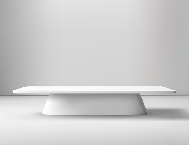Empty white studio room with blank table podium