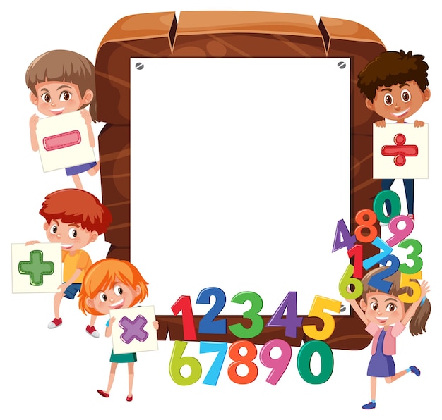 Empty wooden frame with school kids and math objects