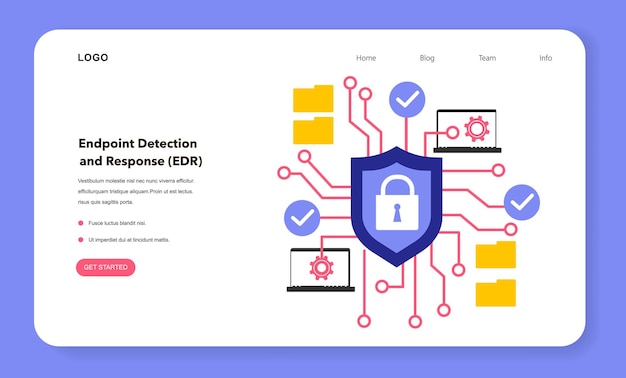 Endpoint detection and response web banner or landing page Endpoint security solution continuous monitoring and collection of endpoint data Automated cyberattack response Flat vector illustration
