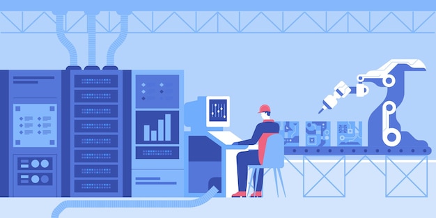 Engineer designs microchip at computer screen Data center room interior with server hardware Autom