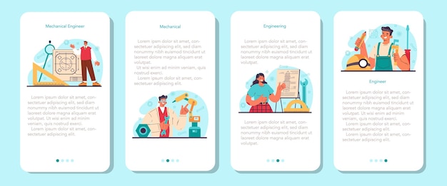 Engineer mobile application banner set. Technology specialist. Professional occupation to invent, design and build machines and structures. Architecture work or designer. Flat vector illustration
