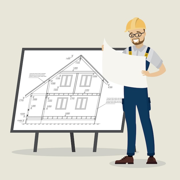 engineer or architect with project paper in hand board with house plan or scheme on background