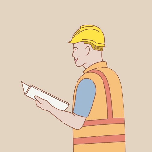 Engineer with uniform and yellow helmet and read analyze paper data document with outline or line and clean simple style