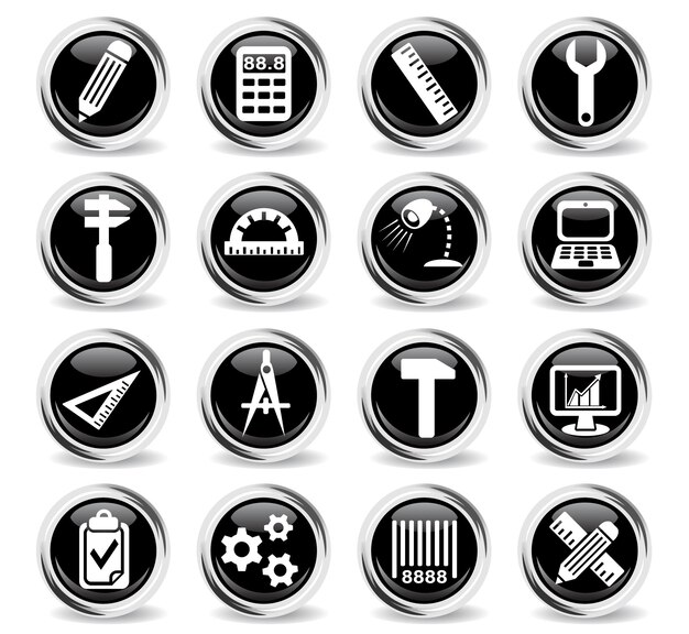 Engineering icons on round black buttons with metal ring