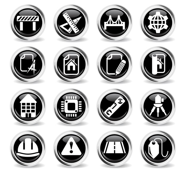 Engineering icons on round black buttons with metal ring