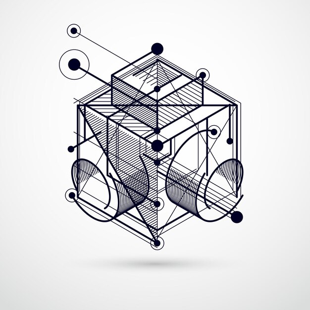 Engineering technology vector black and white wallpaper made with 3D cubes and lines. Engineering technological wallpaper made with honeycombs. Abstract technical background.