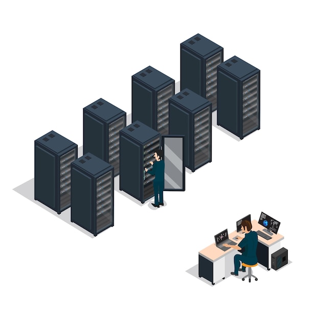 engineers working in data center room installation and configuration hardware