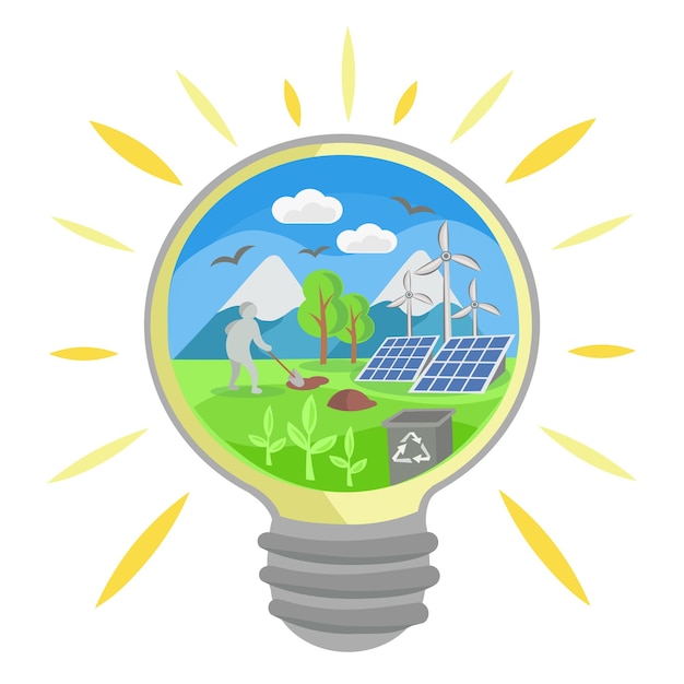 Environmental landscape with various ecological activities and objects in lightbulb vector image