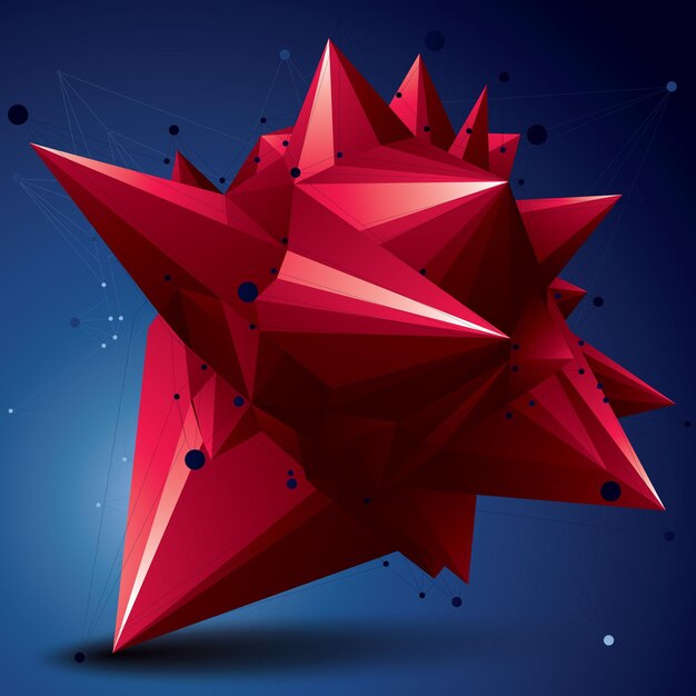 Epäsymmetrinen 3D abstrakti punainen esine, jossa on yhdistettyjä viivoja ja pisteitä, geometrinen muoto hilarakenteella.