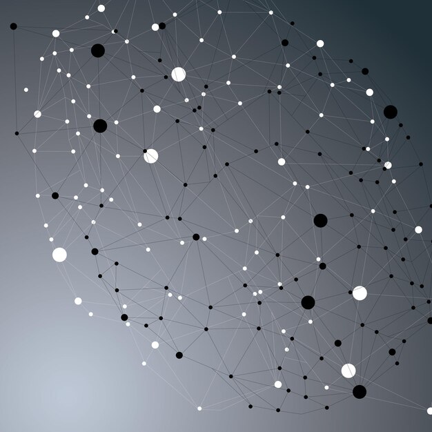 Epäsymmetrinen 3D-abstrakti rakenne mustavalkoisilla yhdistetyillä viivoilla ja pisteillä, geometrinen muoto hilarakenteella.