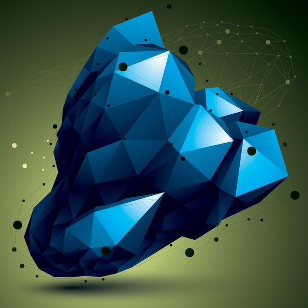 Epäsymmetrinen 3D sininen abstrakti objekti, jossa on yhdistettyjä viivoja ja pisteitä, geometrinen muoto hilaorakenteella.