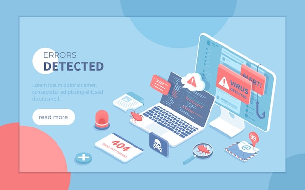 Errors detected Computer viruses hacker attack 404 error page not found Alert messages bugs in