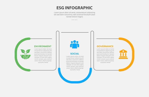 esg infographic outline style with 3 point template with round rectangle container box with opposite direction for slide presentation